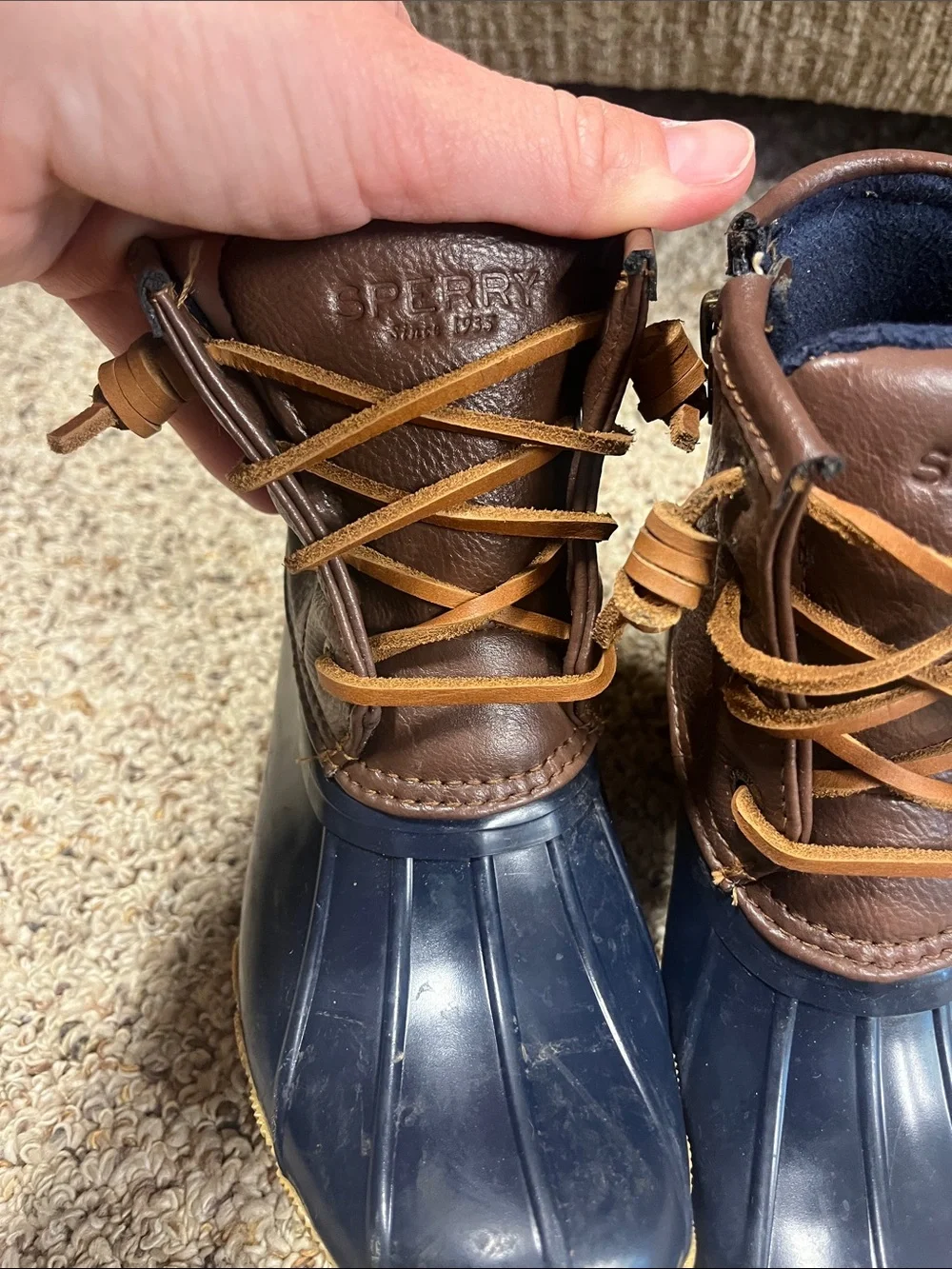 Sperry Navy and Brown Waterproof Duck Boots with Tan Laces